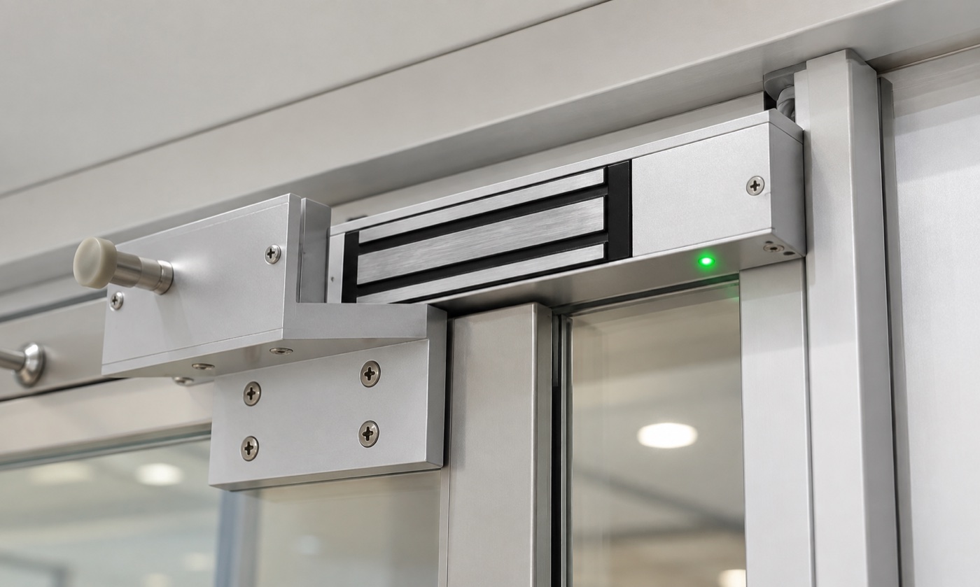 EMLOCK PRIME Y280 본체가 고정 문틀에, 흡착판이 문짝 브래킷에 설치된 AI 시공 예시