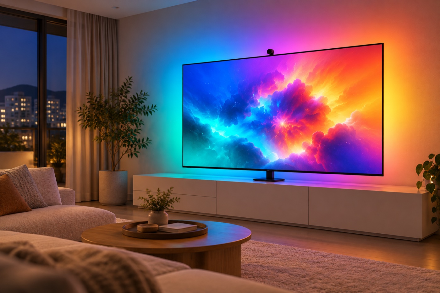 TV 뒤에 설치한 나노리프 4D 85인치 반응형 LED 조명 AI 사용 예시