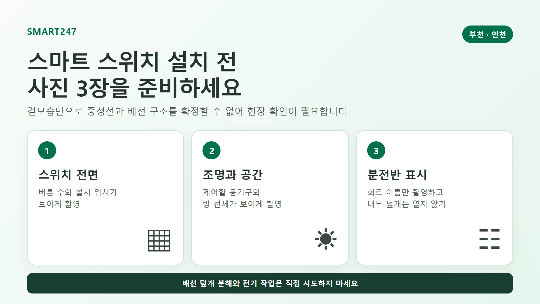 부천 인천 스마트 스위치 설치 상담 전에 준비할 스위치 전면, 조명 공간, 분전반 표시 사진 3장