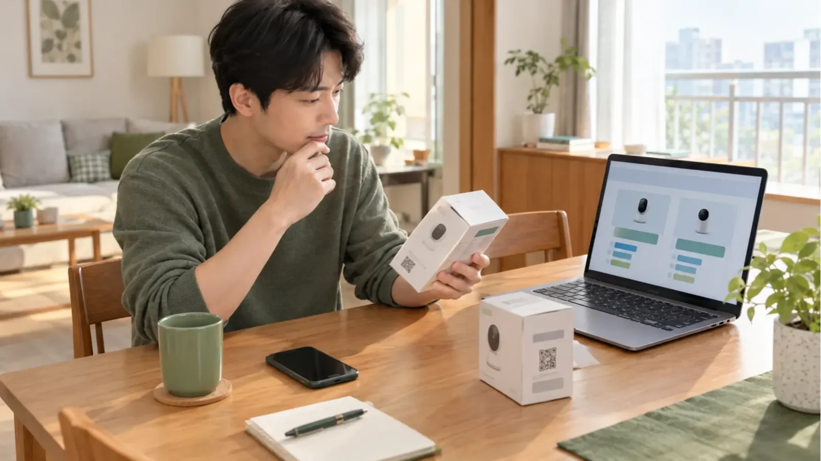 스마트 카메라를 구매하기 전에 제품 상자와 플랫폼 호환 정보를 비교하는 모습