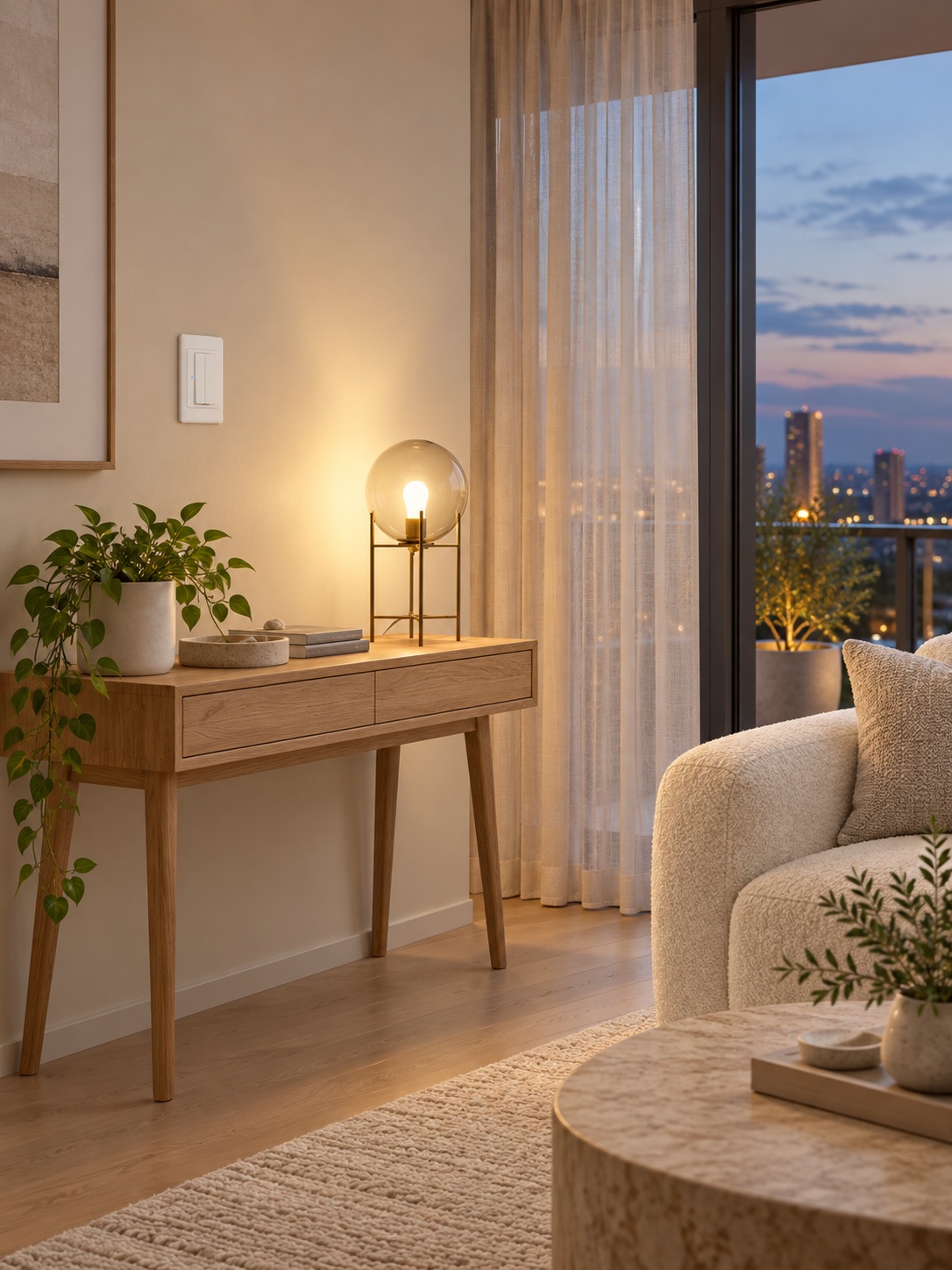 스마트 조명과 자동 커튼이 있는 모던 거실