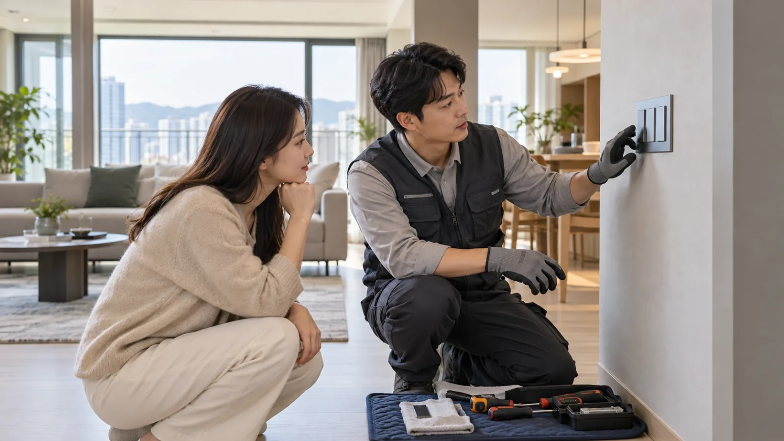 부천·인천 아파트에서 설치 기사와 거주자가 스마트 스위치 설치 위치를 확인하는 모습