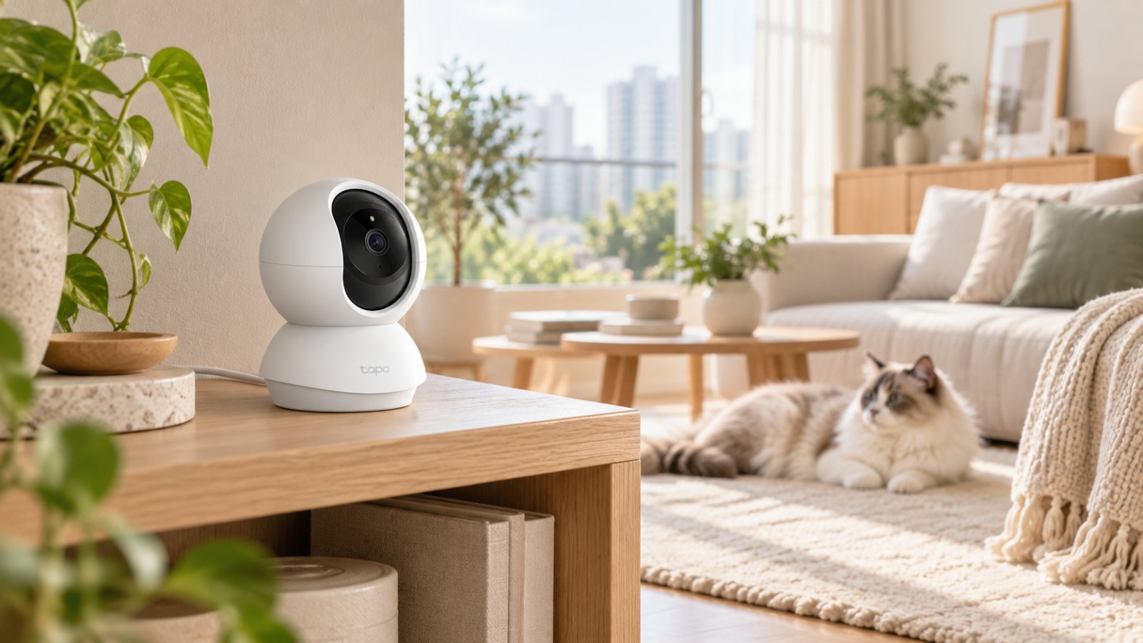 Tapo C210 홈캠을 거실 선반에 배치한 반려동물 확인 환경