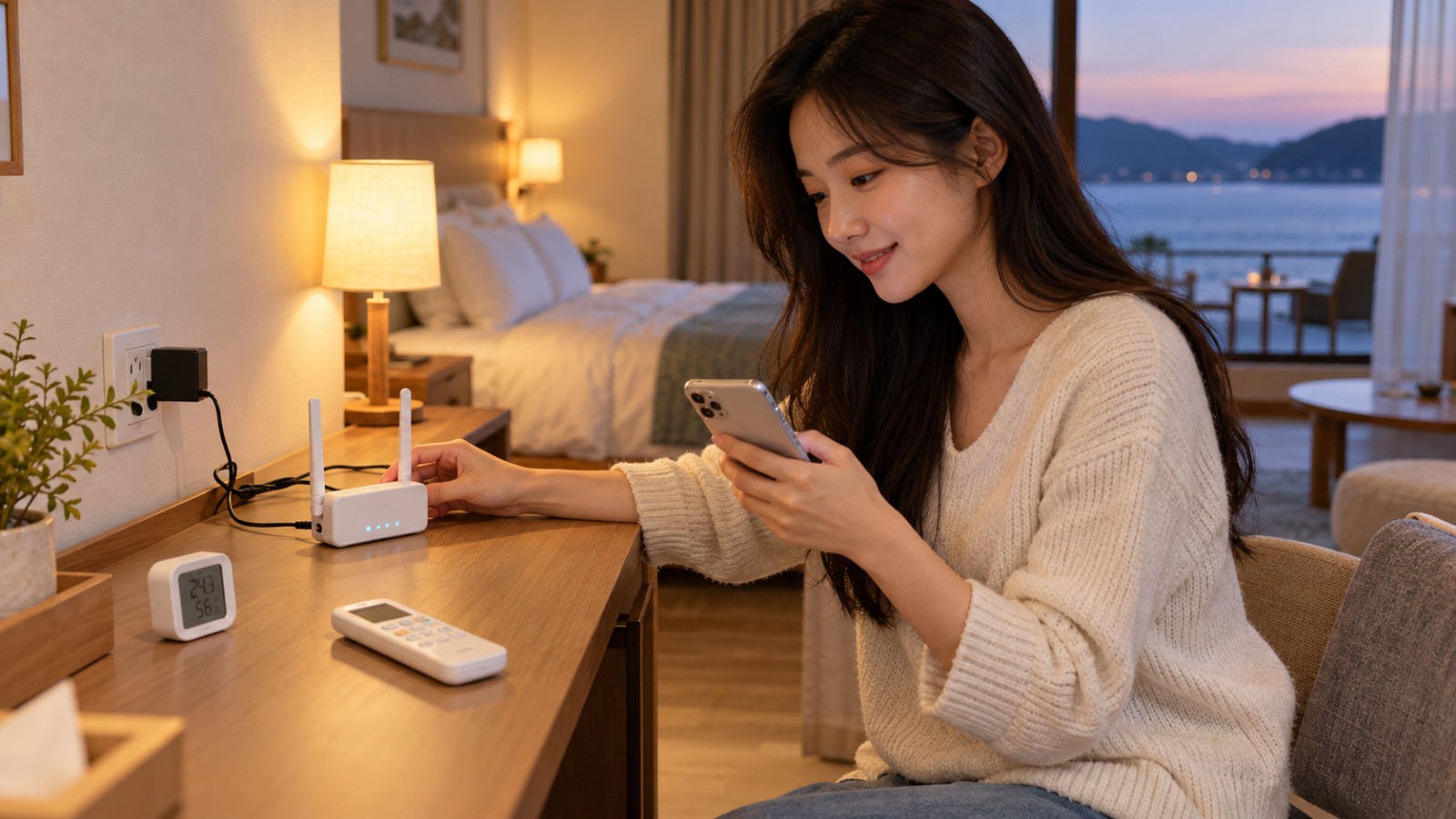 숙소 책상에서 휴대용 와이파이를 연결하고 스마트폰으로 상태를 확인하는 모습